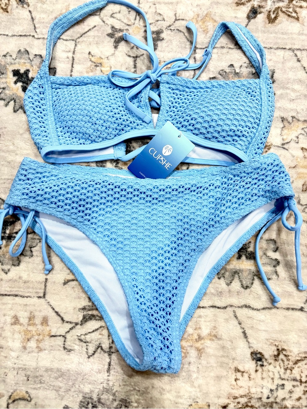 Cupshe Sky Blue Crochet Tie Bikini Set